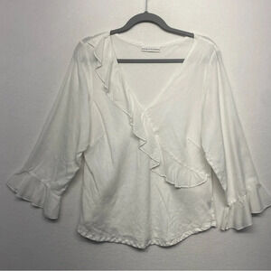 Bryn Walker 100% Linen Blouse White L Bell Sleeve Surplice V Neck Ruffle